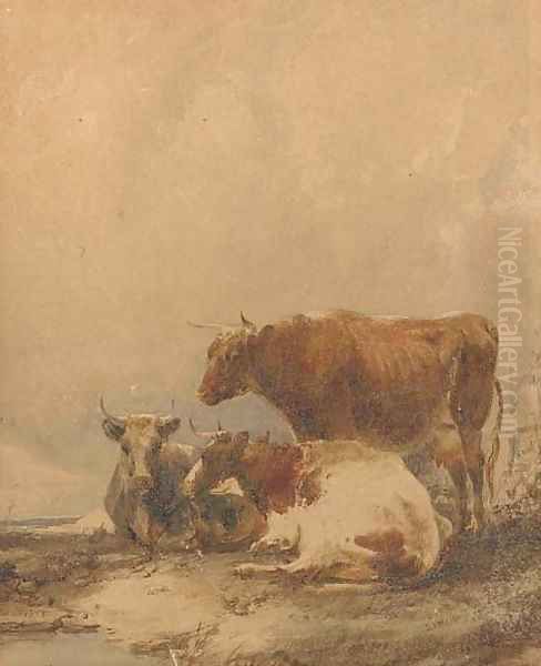 Cows resting on a riverbank Oil Painting by Thomas Sidney Cooper