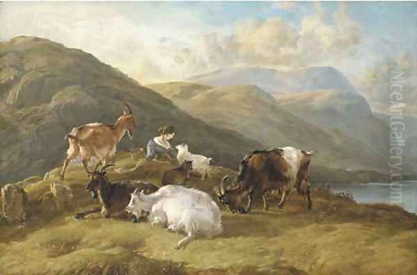 Highland landscape with a girl and goats Oil Painting by Thomas Sidney Cooper