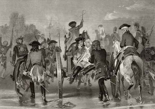 Mortally wounded General Edward Braddock retreats from the Monongahela River in 1755 after an attack from French and Indian Forces, from 'Life and Times of Washington', Volume I, 1857 Oil Painting by Alonzo Chappel