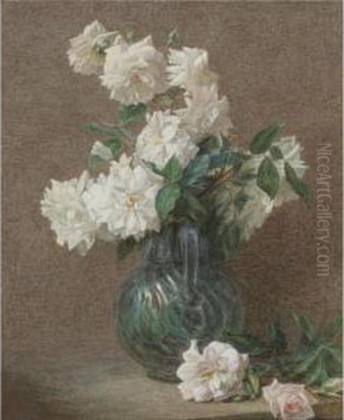 Roses Blanches Dans Une Cruche Oil Painting by Victoria Dubourg Fantin-Latour