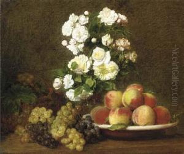 White Roses In A Vase With Peaches And Grapes On A Table Oil Painting by Victoria Dubourg Fantin-Latour