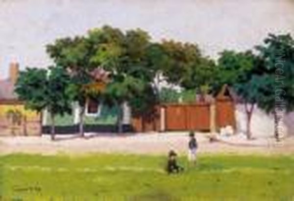 Children At The Village End Oil Painting by Geza Farago