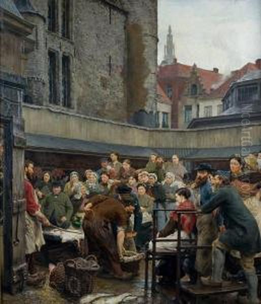 Deoude Vismarkt Te Antwerpen Oil Painting by Edgard Farasyn