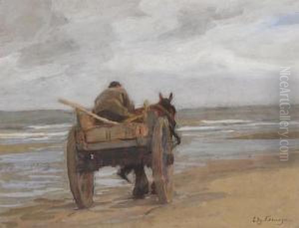 Garnaalvisser Met Paard En Kar Op Het Strand Oil Painting by Edgard Farasyn