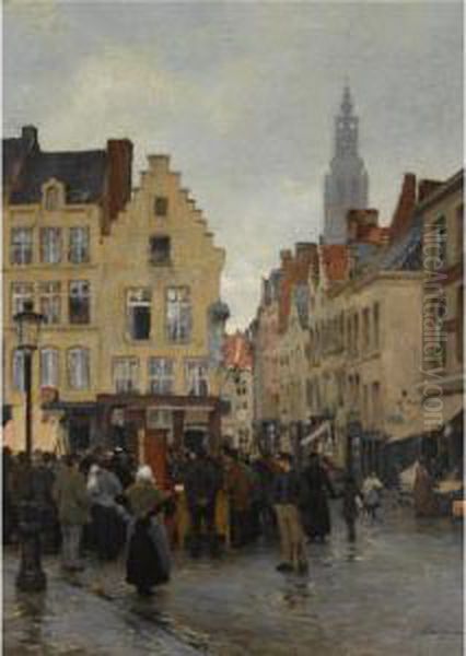 A Busy Market In Antwerp Oil Painting by Edgard Farasyn