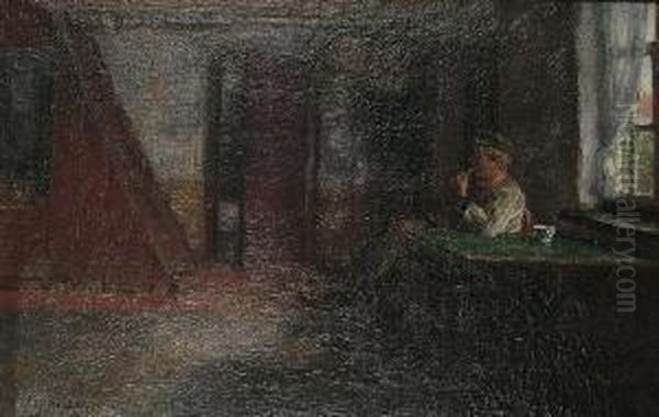 A Young Man Seated In An Interior Smoking A Pipe Oil Painting by Edgard Farasyn