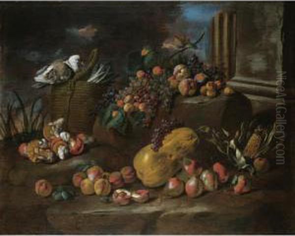 Still Life Of Peaches, Pears, 
Grapes, A Watermelon, Mushrooms, An Ear Of Corn And A Pigeon Resting On A
 Basket Of Asparagus, All Arranged In A Landscape Oil Painting by Giacomo Fardella