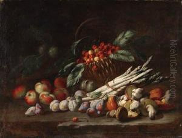 A Basket Of Cherries, Apples, Plums, Chestnuts, Asparagus Andporcini On A Ledge Oil Painting by Giacomo Fardella