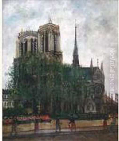 Bouquinistes A Notre-dame. Oil Painting by Pierre Farge