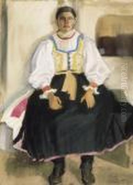 Girl In National Costume Oil Painting by Etienne Farkas