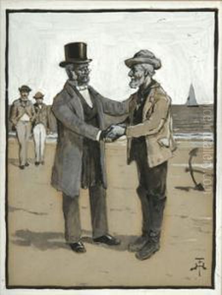 Two Men Shaking Hands On A Beach Oil Painting by Henry Farny