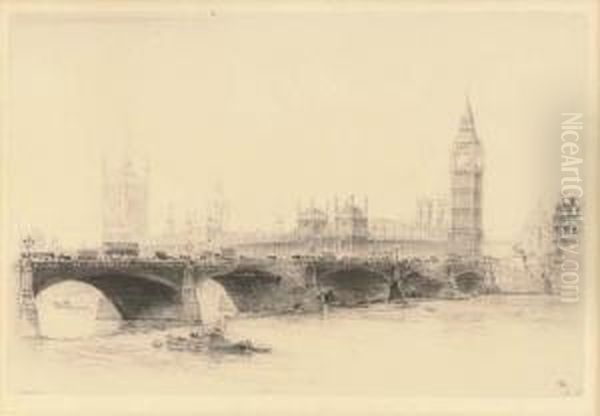 Westminster Bridge With The Houses Of Parliament Beyond Oil Painting by Frederick Arthur Farrell