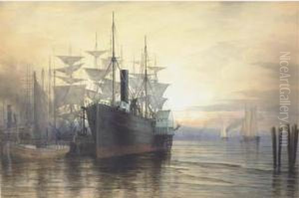 Sunset, New York Harbor Oil Painting by Henry Farrer