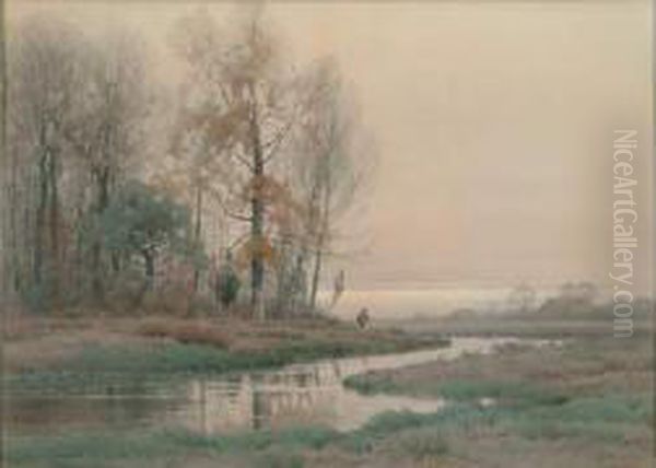  Arbres Au Bord De L'etang En Fin De Journee  Oil Painting by Henry Farrer