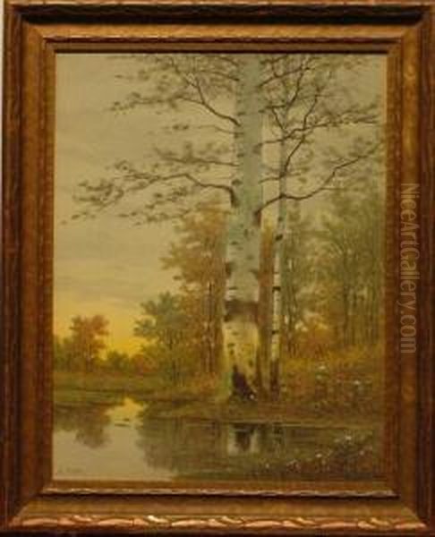 Reflecting Pond At Sunset Oil Painting by Henry Farrer