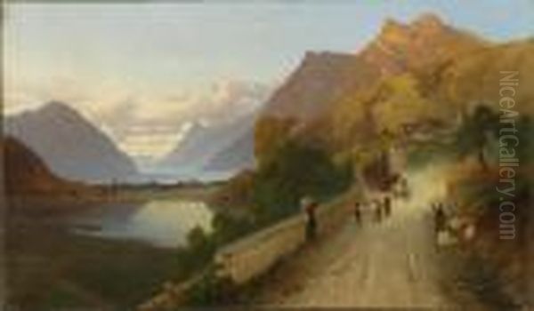 Scorcio Di Lago Lombardo Con Strada Costiera E Carrozza Oil Painting by Gaetano Fasanotti