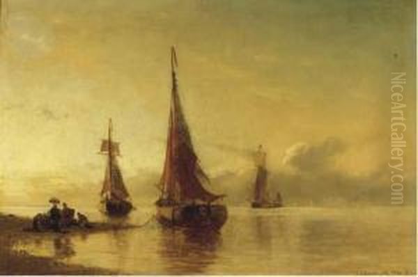 Moored Sailing Vessels By A Coast At Dusk Oil Painting by Viggo Fauerholdt