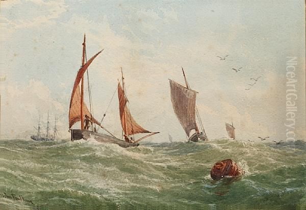 Sailing Vessels In Open Waters; And Another Similar Oil Painting by John Faulkner