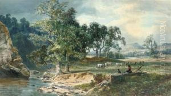 A Shepherdess Watching Her Flock By A Stream Oil Painting by John Faulkner