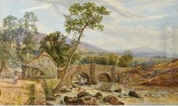 Extensive Landscape With A Fisherman On A River, Figures By A Millnearby Oil Painting by John Faulkner