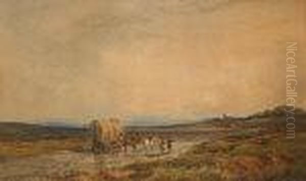 Horse Drawn Wagon With Figures In A Country Landscape Oil Painting by John Faulkner