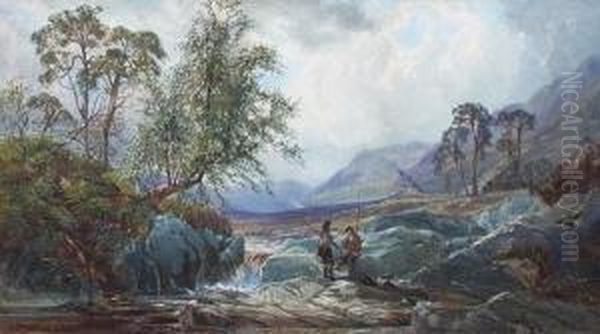 Two Anglers By A Highland River Oil Painting by John Faulkner