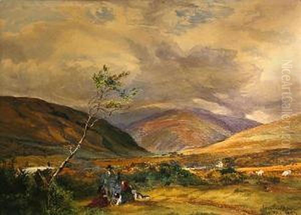 An Extensive Landscape With Figures Around A Fire In The Foreground Oil Painting by John Faulkner