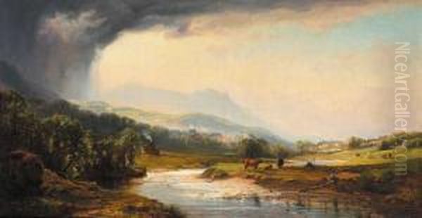 Landscape With A View Towards A Town And Grazing Cattle In Foreground Oil Painting by John Faulkner