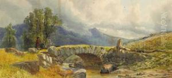 Landscape With Figures By A Bridge Oil Painting by John Faulkner