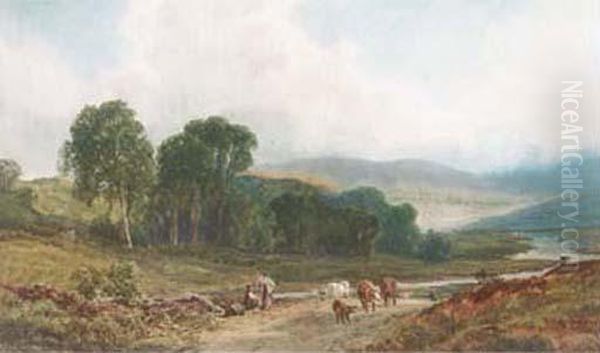 A Drover And Cattle In A Scottish Landscape Oil Painting by John Faulkner