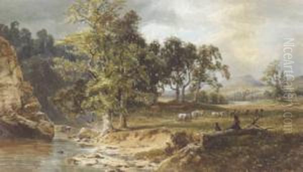 Figure Resting By A River With Cattle Nearby Oil Painting by John Faulkner