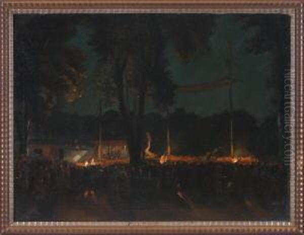 Nachtliche Volksfestszene Auf Einer Waldlichtung Mit Zahlreichen Personen Oil Painting by Amandus Faure