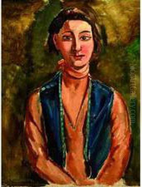 Portrait De Femme Au Gilet Bleu Oil Painting by Andre Favory