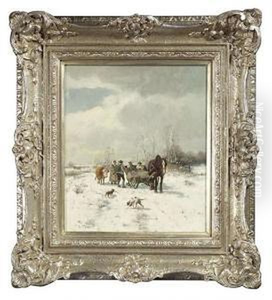 Wintry Landscape With A Sleigh And Huntsmen Conversing. Oil/canvas, Signed Oil Painting by Otto Fedder