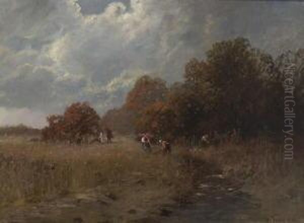 Reisigsammler In Herbstlicher
 Baumlandschaft. Oil Painting by Otto Fedder