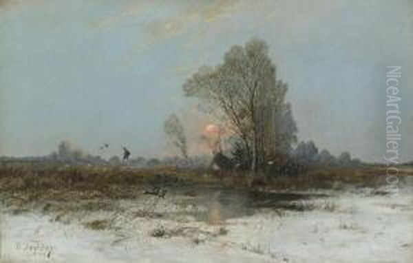 Aufsteigende Enten In Winterlicher
 Moorlandschaft. Oil Painting by Otto Fedder