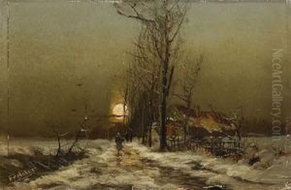 Winterlandschaft Mit Bauernhaus
 Und Wanderern Oil Painting by Otto Fedder