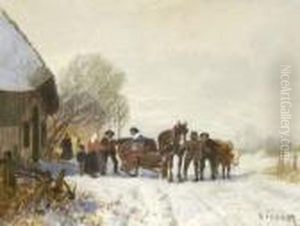 Pferdeschlitten Vor Dem Bauernhaus
 In Winterlandschaft. Oil Painting by Otto Fedder