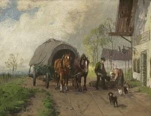 Pferdefuhrwerk Vor Der
 Dorfwirtschaft. Oil Painting by Otto Fedder