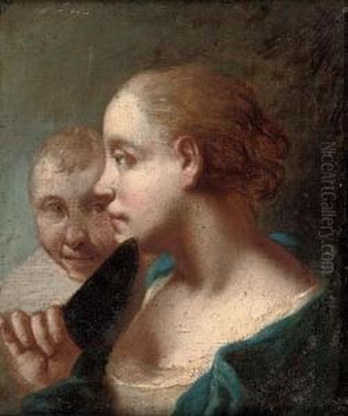 A Young Woman With A Knife In Her Right Hand, A Young Man Behind Oil Painting by Domenico Maggiotto