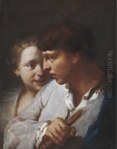 A Young Man Holding A Flute, With A Young Woman Beyond Oil Painting by Domenico Maggiotto