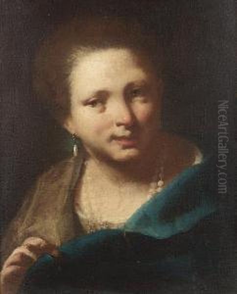 Portrait Of A Woman, Bust-length, With A Blue Wrap, Pearl Earrings And Necklace Oil Painting by Domenico Maggiotto