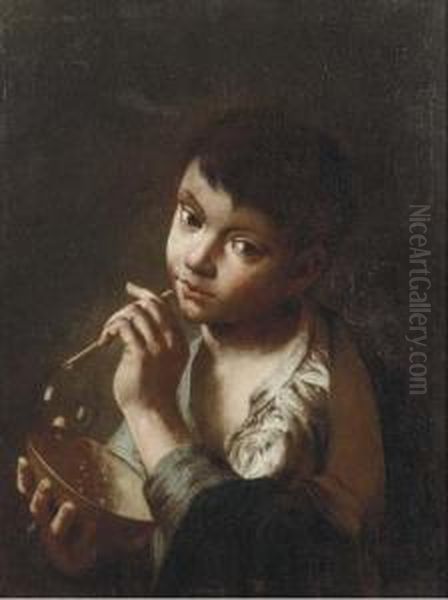 A Young Beggar Boy Blowing Bubbles Oil Painting by Domenico Maggiotto