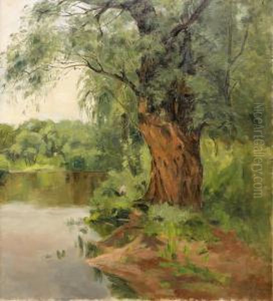 Tree By The Lake Oil Painting by Maria Fedorova