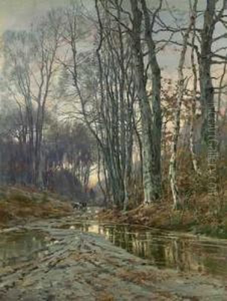 Abendstimmung Uber Herbstlichem Waldweg Mit Heimkehrendem Bauern Und Seinem Vieh Oil Painting by Richard Henri Fehdmer