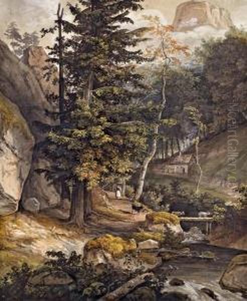 Bauerin Mit Ziegen Im Gebirge Oil Painting by Josef Feid