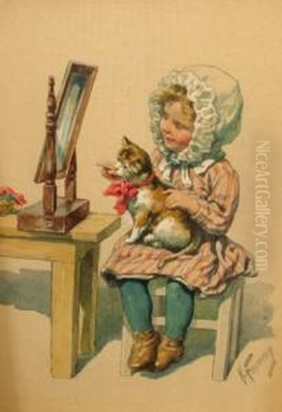 1944- Girl With A Kitten Seated By A Dressing Table Oil Painting by Karl Feiertag