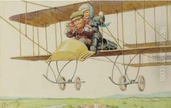 Airplane Ride; Also Five Other Scenes Depicting Children Oil Painting by Karl Feiertag