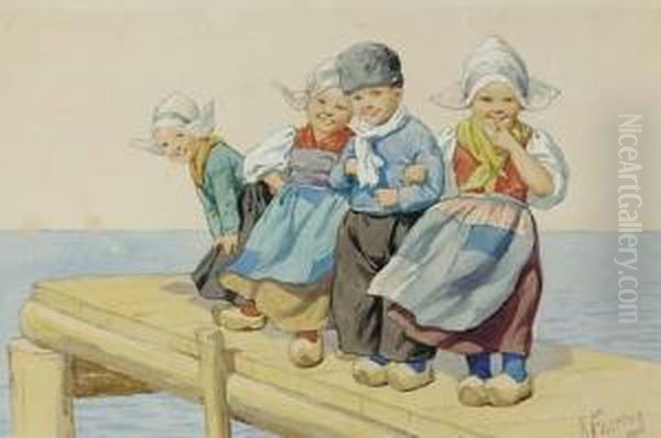 Children On The Dock; Also Five Other Scenes Depictingchildren Oil Painting by Karl Feiertag