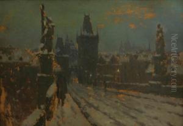 Winter On Charles Bridge Oil Painting by Stanislav Feikl